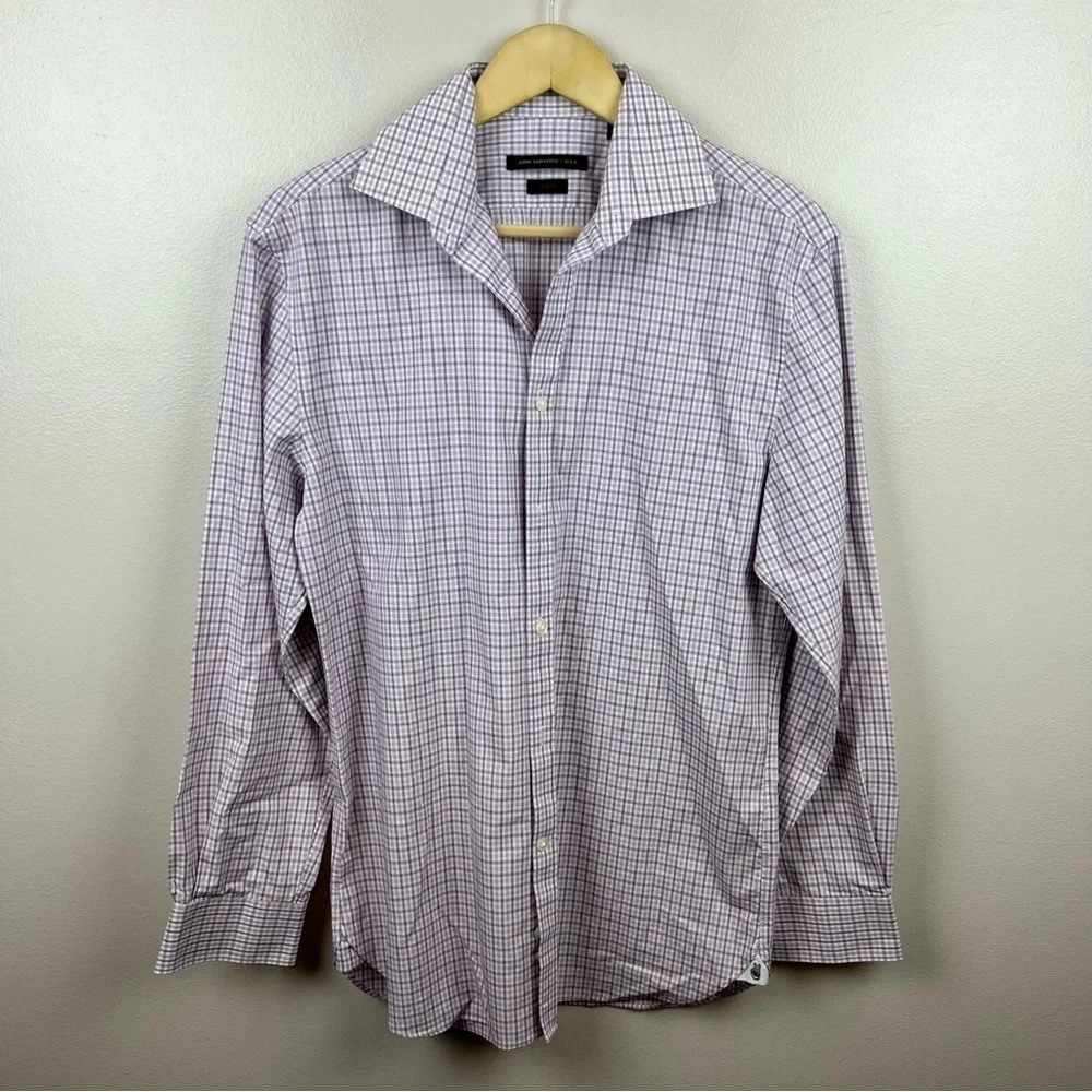 John Varvatos Button Up Dress Shirt Mens Size 15 32/33 Purple Check Slim Fit
